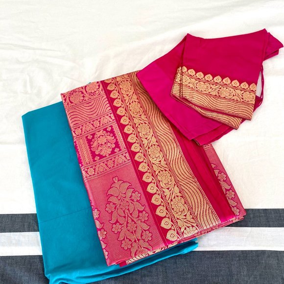 Green Blue Pure Silk Saree with Pink border - Picture 3 of 4